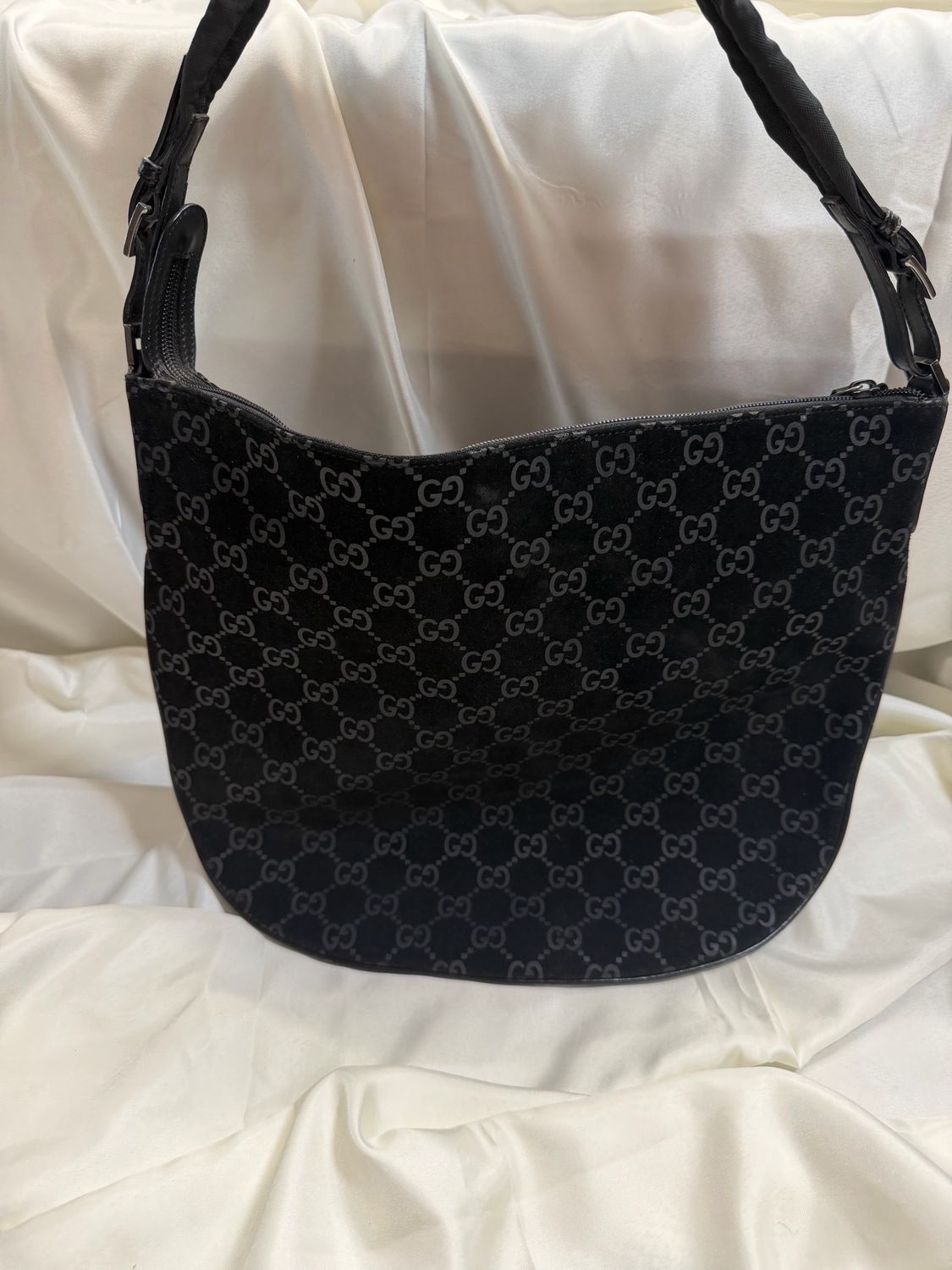 Gucci Monogram Suede Halfmoon Hobo Shoulder Bag in Black 