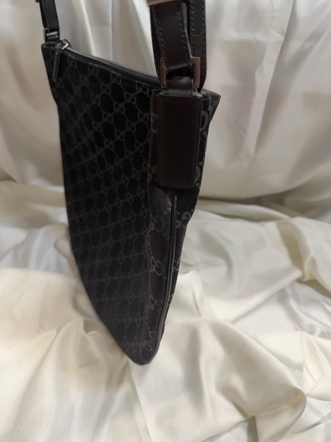 Gucci Monogram Suede Halfmoon Hobo Shoulder Bag in Black 