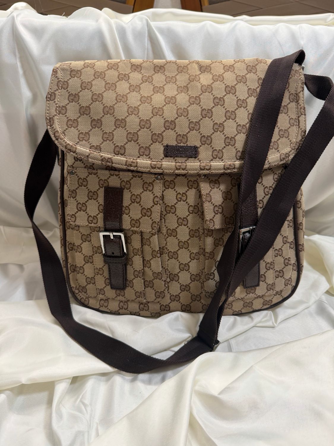 Gucci Monogram Canvas Double Pocket Messenger Sling