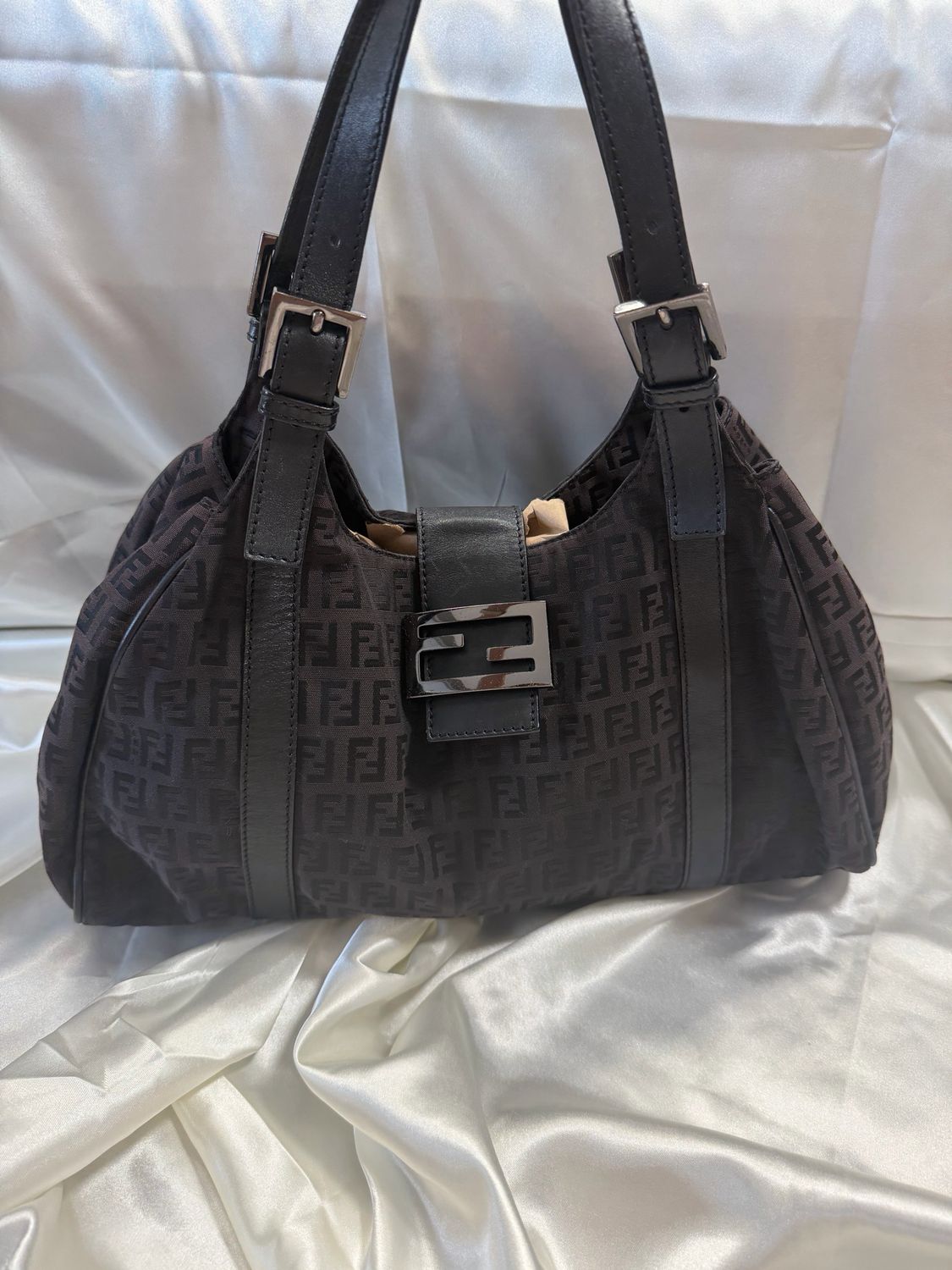 Fendi Zucchino Flap Tote Shoulder Bag in Black