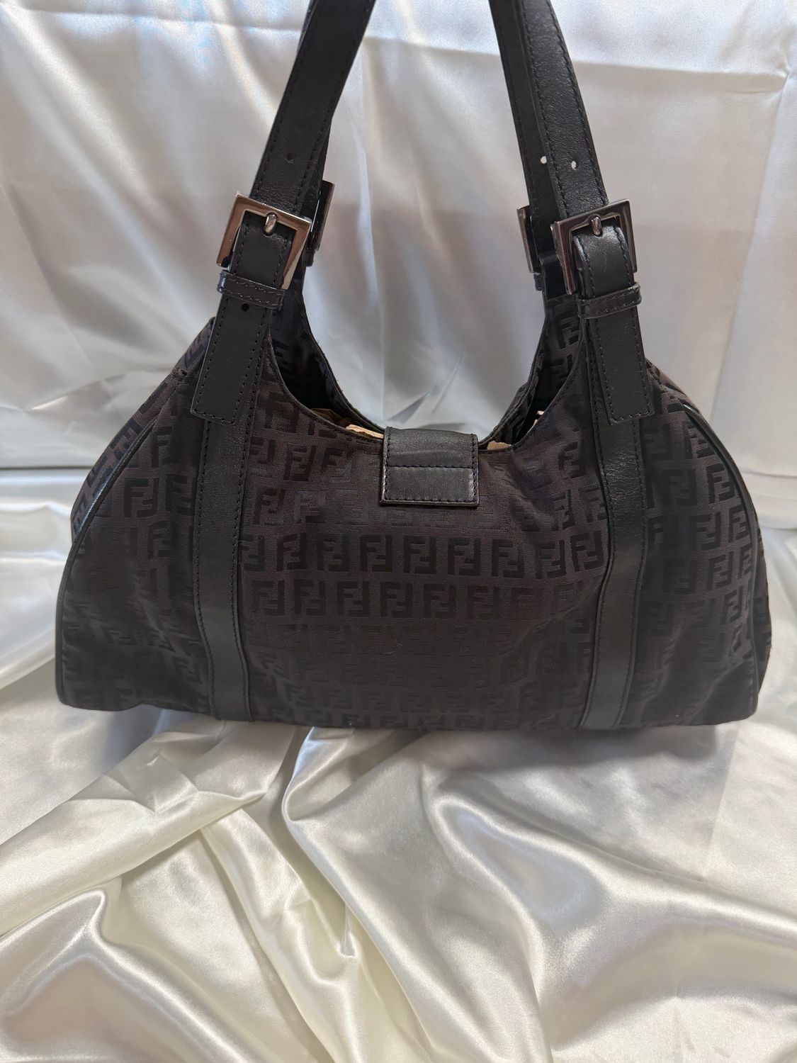 Fendi Zucchino Flap Tote Shoulder Bag in Black