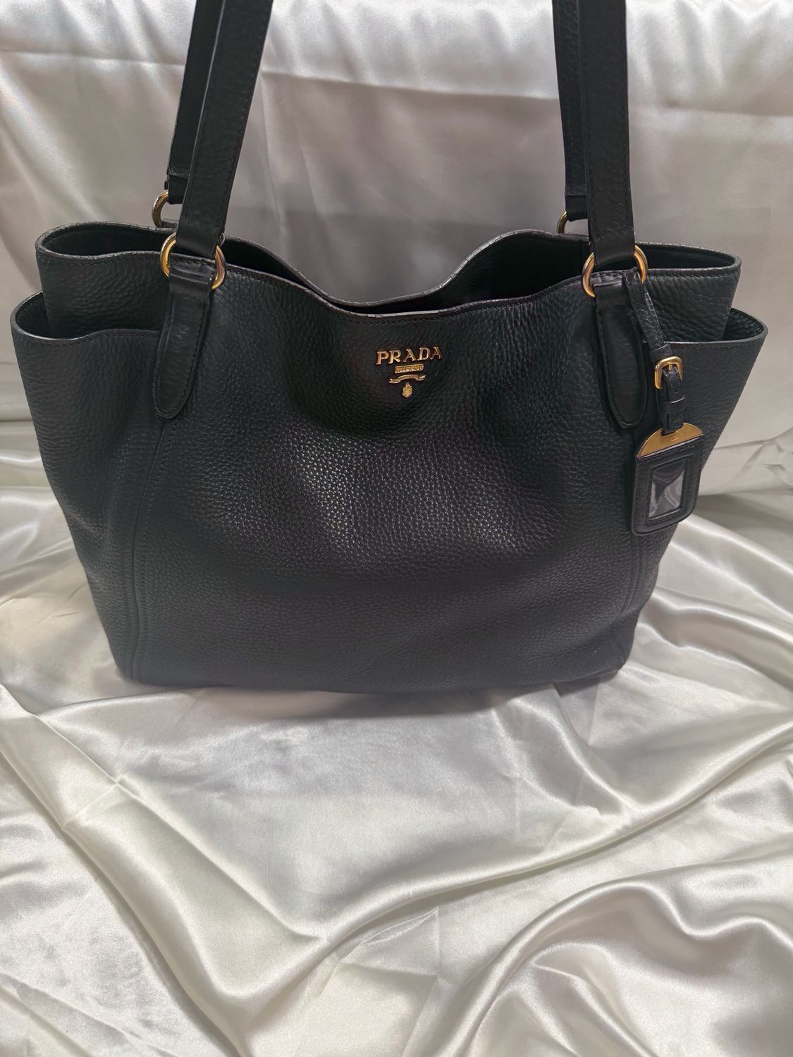 Prada Pebbled Side Pocket Vitello Daino Tote in Black