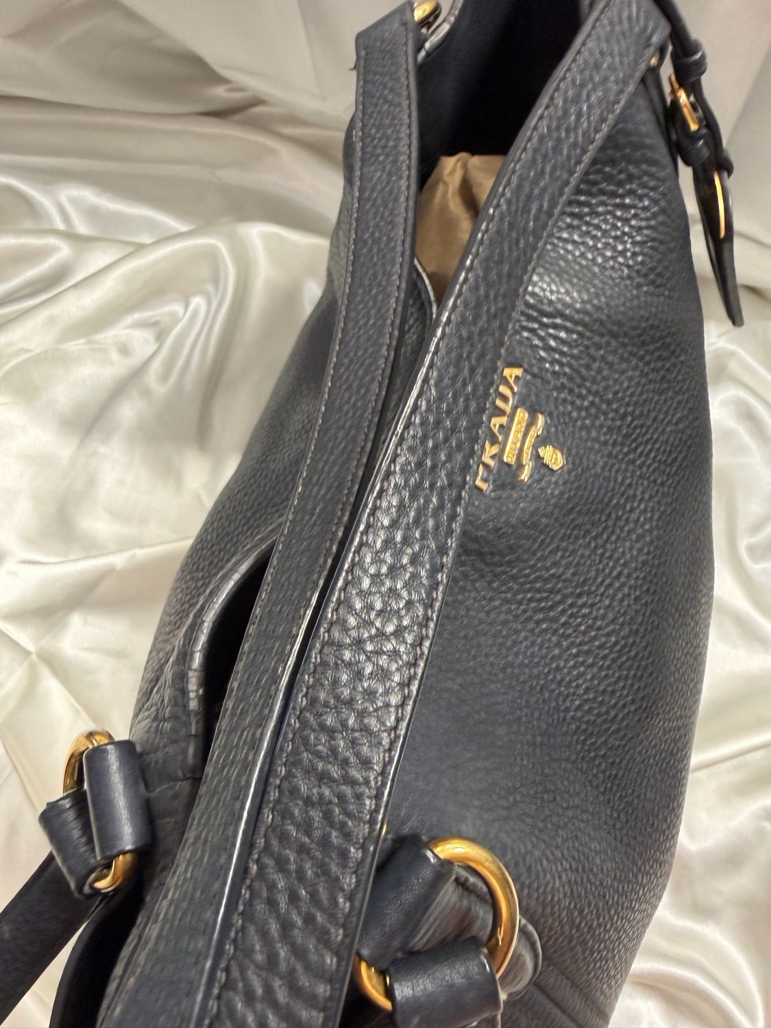 Prada Pebbled Side Pocket Vitello Daino Tote in Black