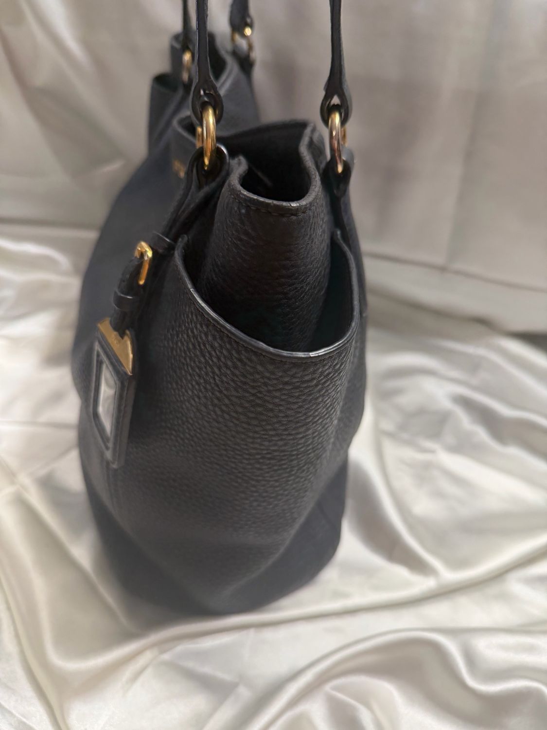 Prada Pebbled Side Pocket Vitello Daino Tote in Black