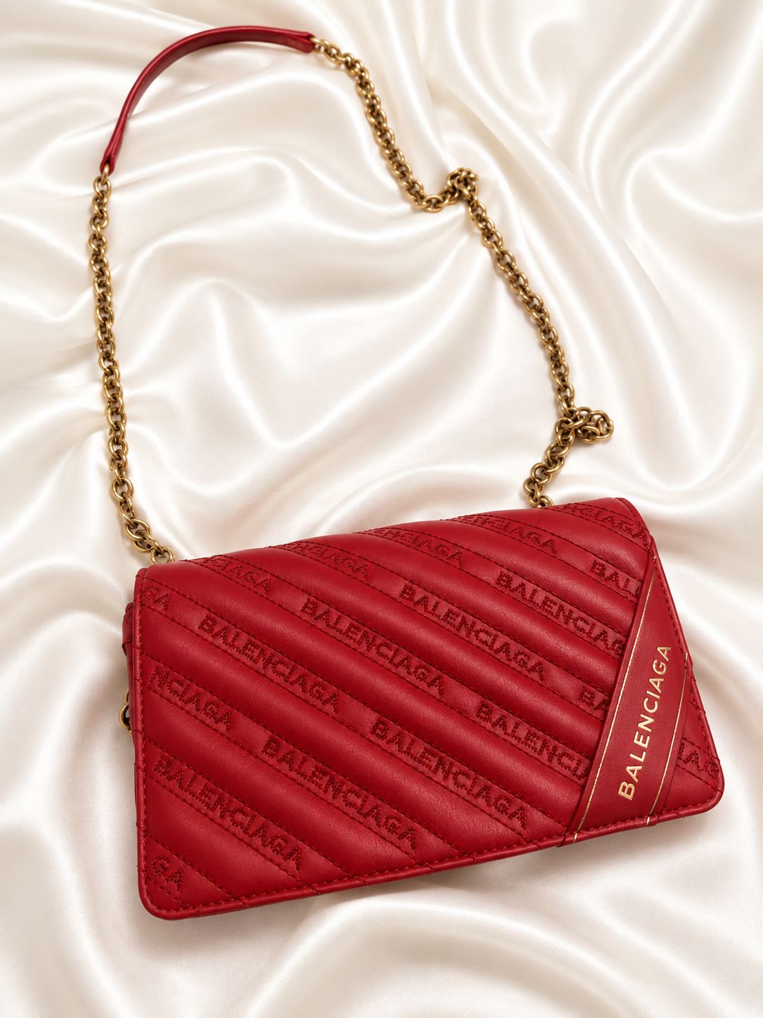 Balenciaga Everyday Chain Embossed Leather Flap Crossbody in Red