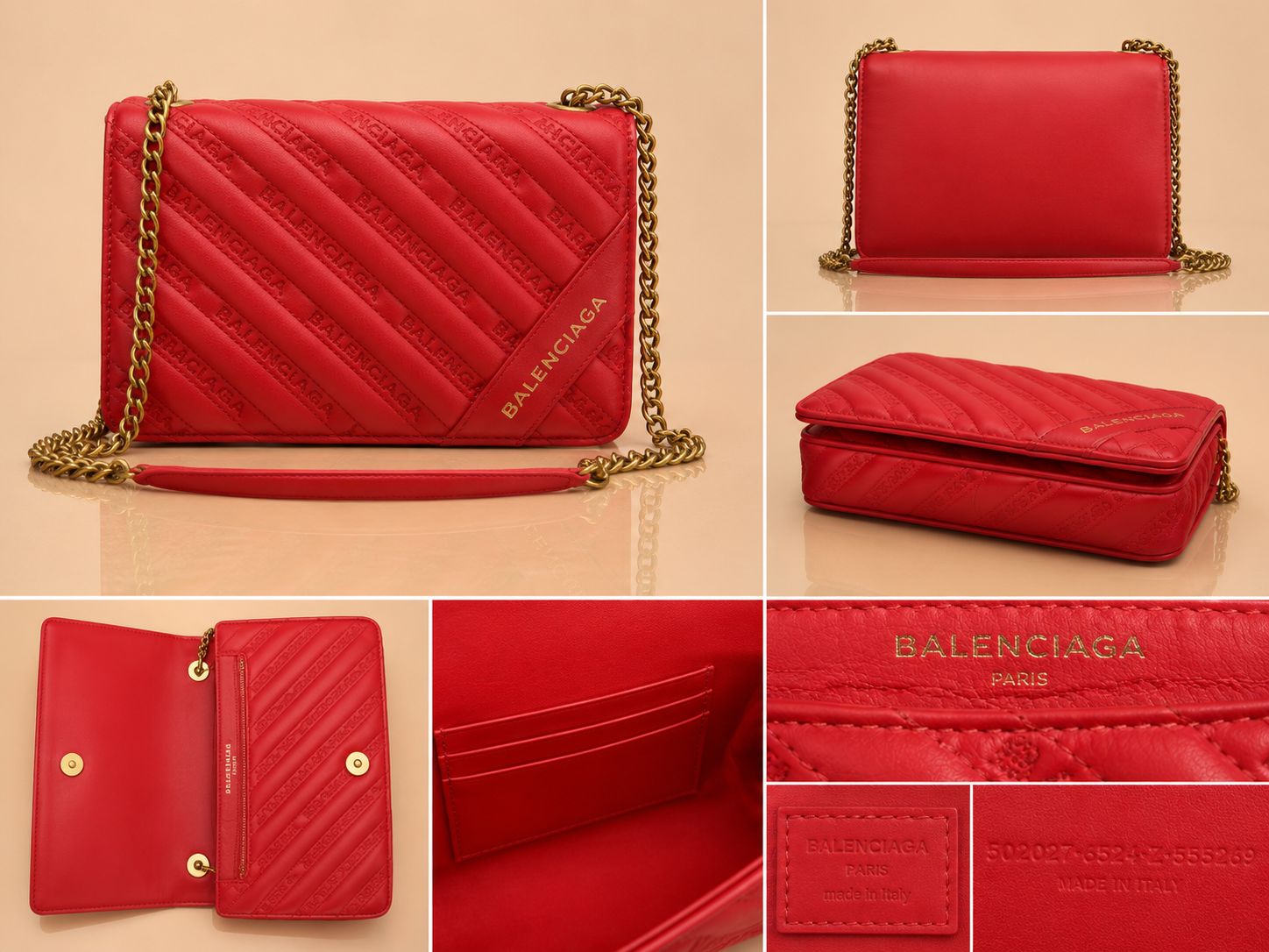 Balenciaga Everyday Chain Embossed Leather Flap Crossbody in Red