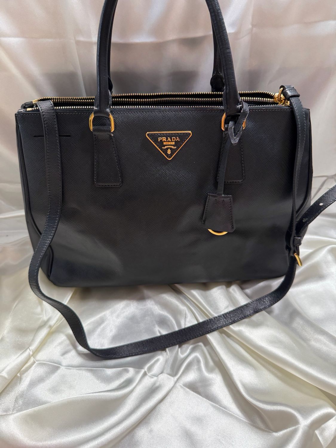 Prada Saffiano Luxe Double Zipper Messenger Crossbody in Black