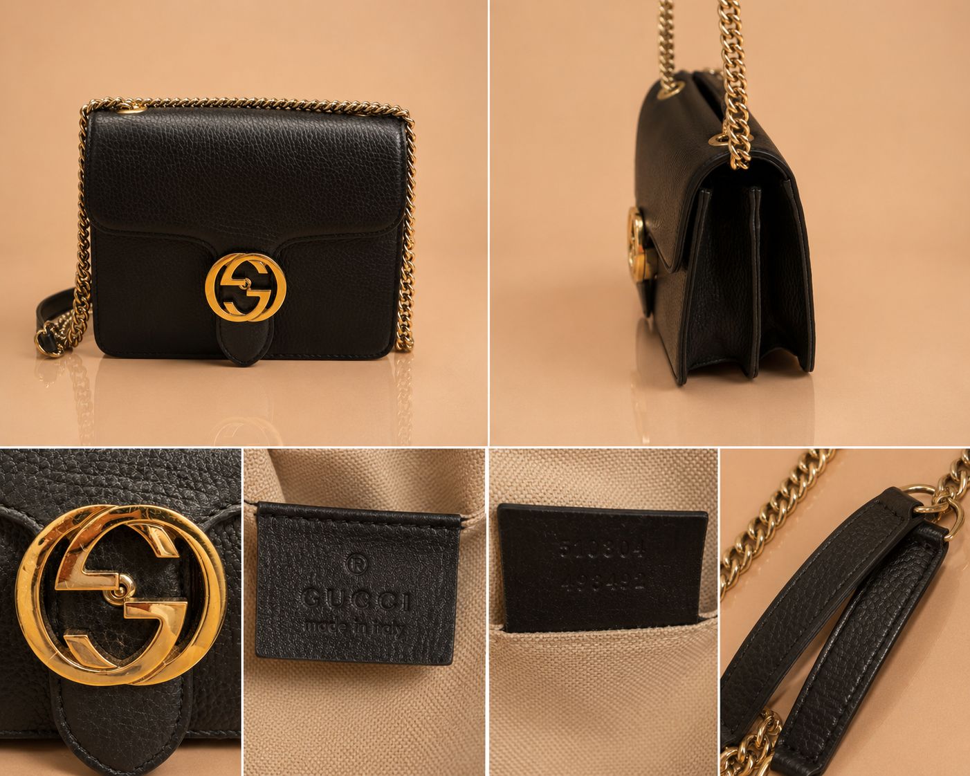 Gucci Dollar Interlocking Pebbled Leather Crossbody Flap Sling in Black