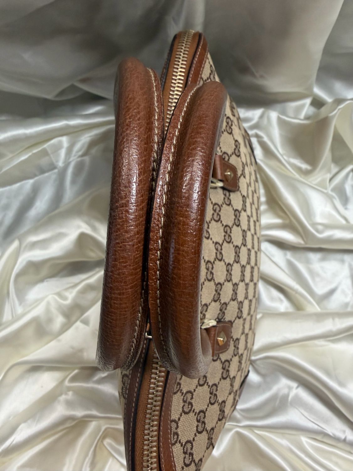 Gucci Monogram Canvas Alma Dome Top Nail Handbag Top Handle in Brown