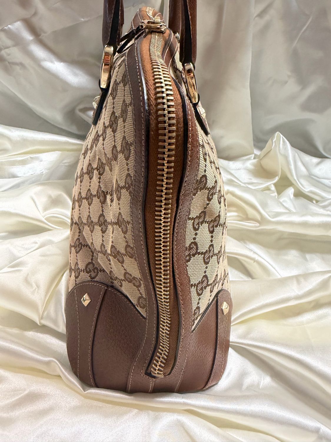 Gucci Monogram Canvas Alma Dome Top Nail Handbag Top Handle in Brown