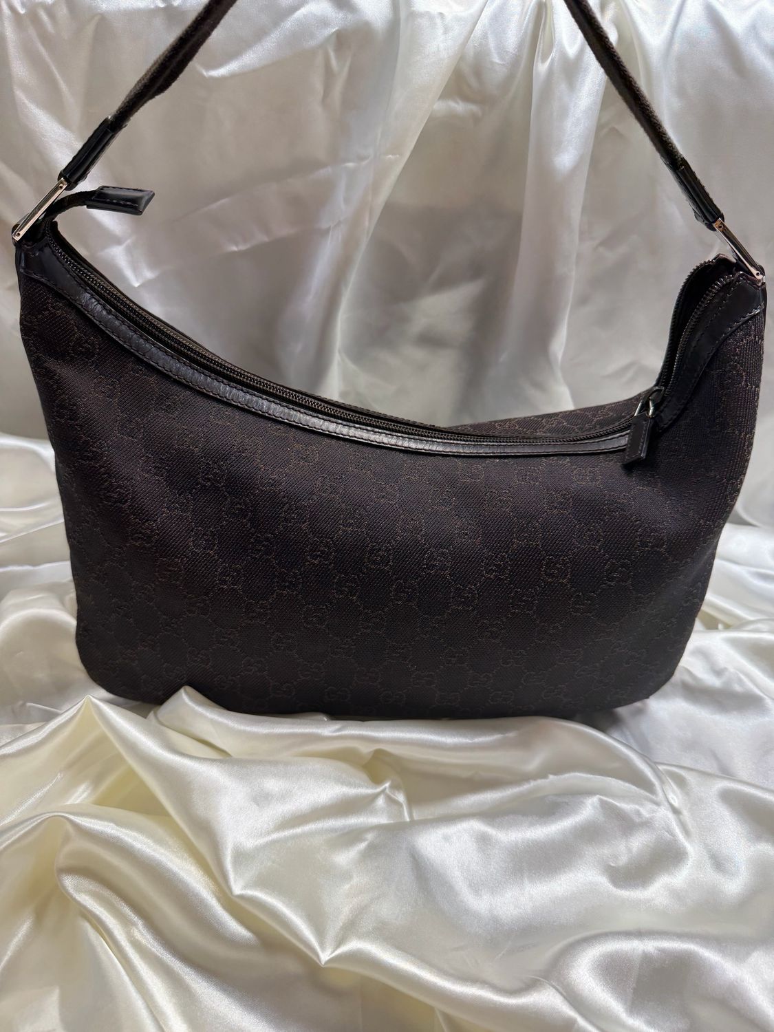 Gucci Monogram Canvas Denim Hobo Vintage Halfmoon in Dark Brown