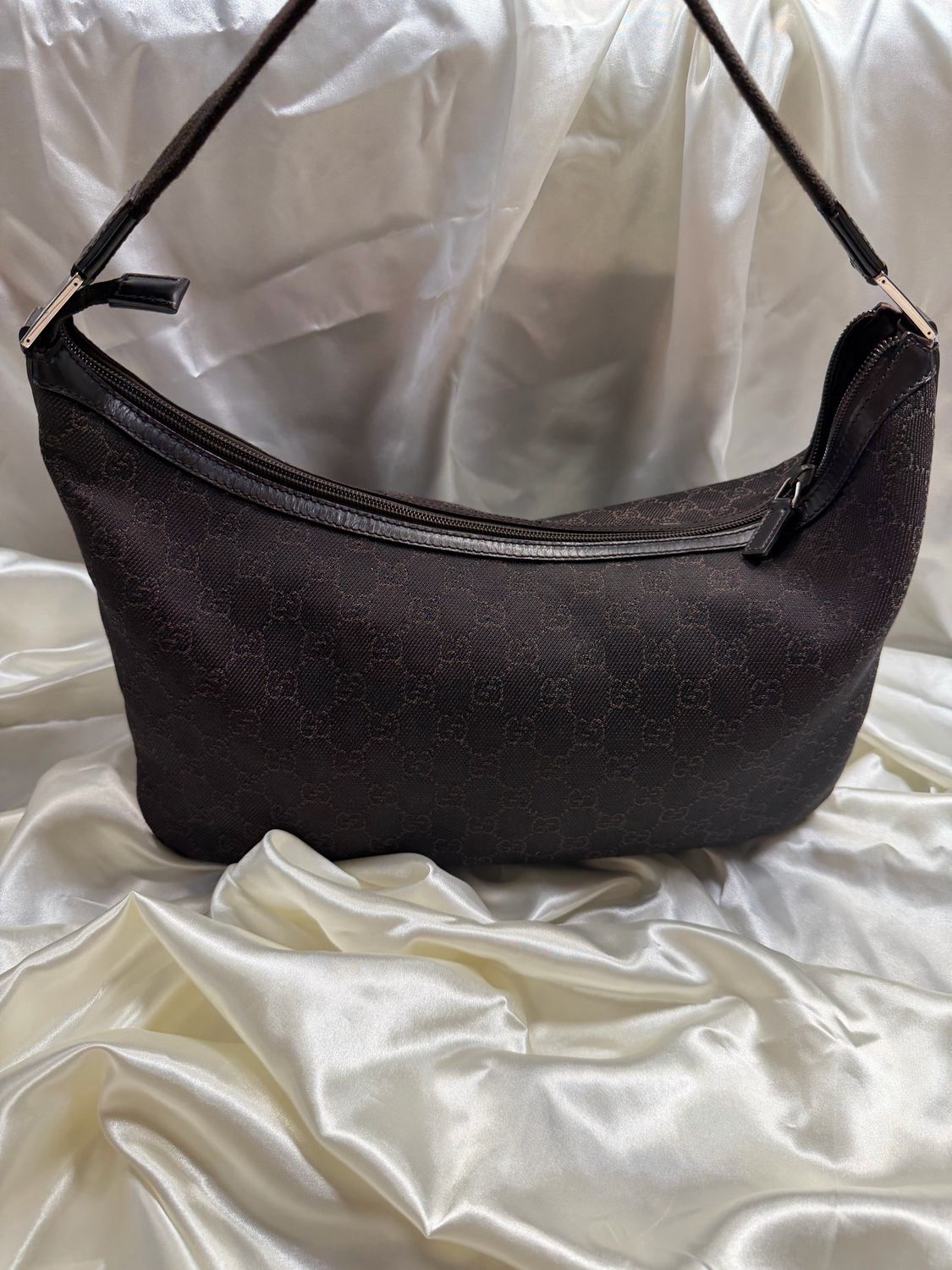 Gucci Monogram Canvas Denim Hobo Vintage Halfmoon in Dark Brown