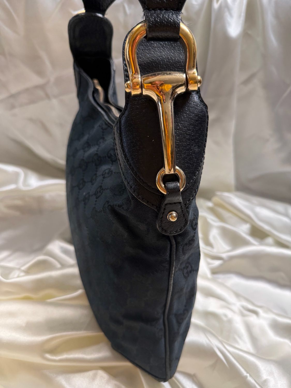 Gucci Monogram Canvas Creole Hobo Horsebit Shoulder in Black 