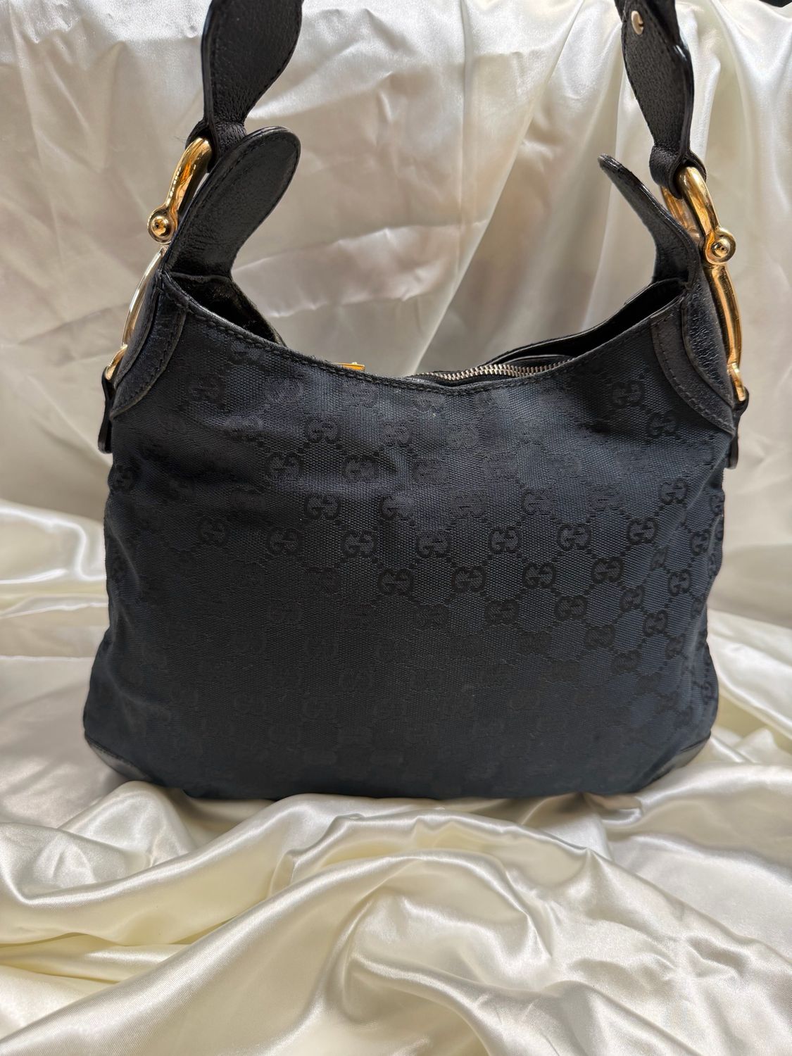 Gucci Monogram Canvas Creole Hobo Horsebit Shoulder in Black 