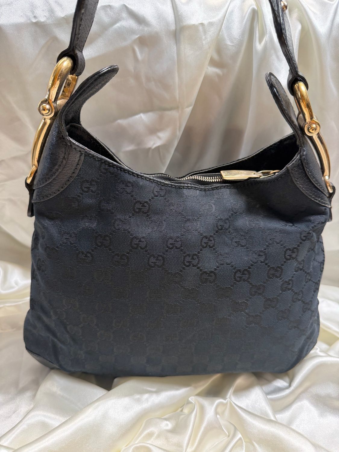 Gucci Monogram Canvas Creole Hobo Horsebit Shoulder in Black 