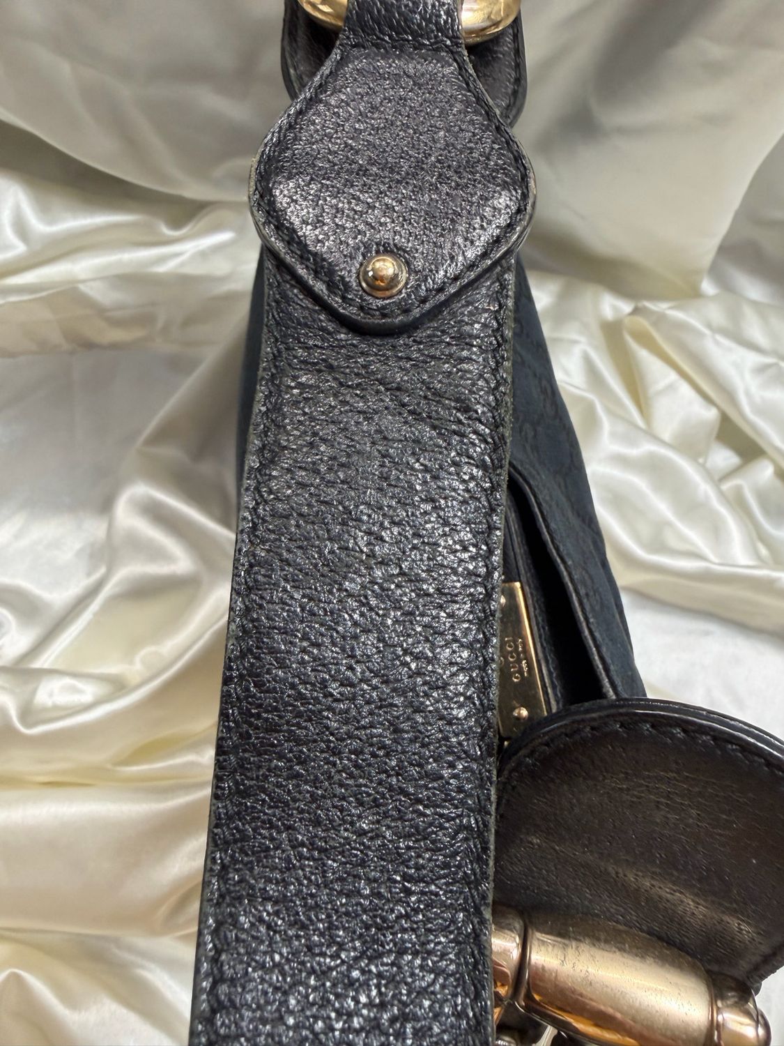 Gucci Monogram Canvas Creole Hobo Horsebit Shoulder in Black 