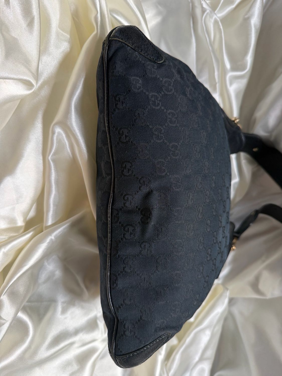 Gucci Monogram Canvas Creole Hobo Horsebit Shoulder in Black 