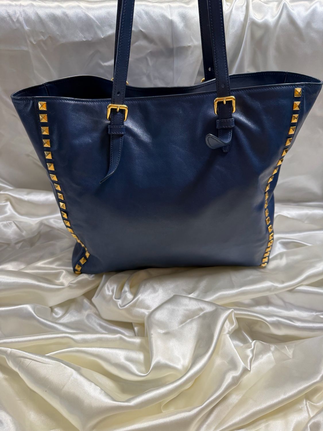 Miu Miu Soft Calf Studded Tote Convertible Sling in Navy Blue