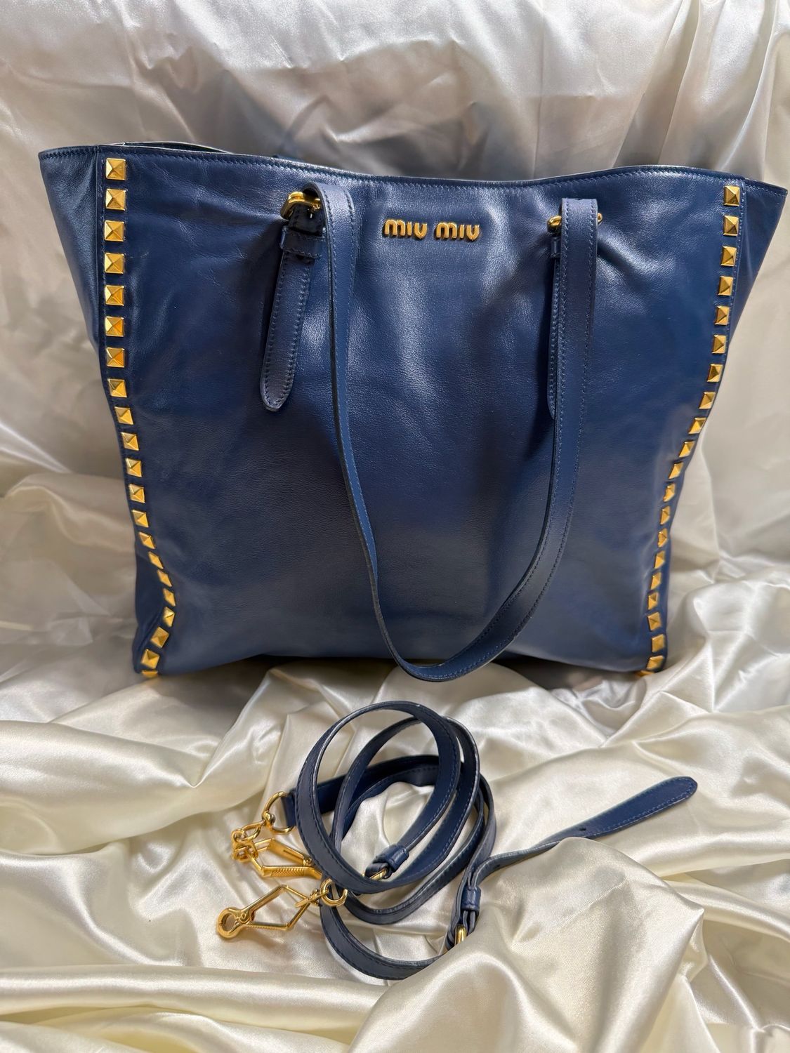 Miu Miu Soft Calf Studded Tote Convertible Sling in Navy Blue