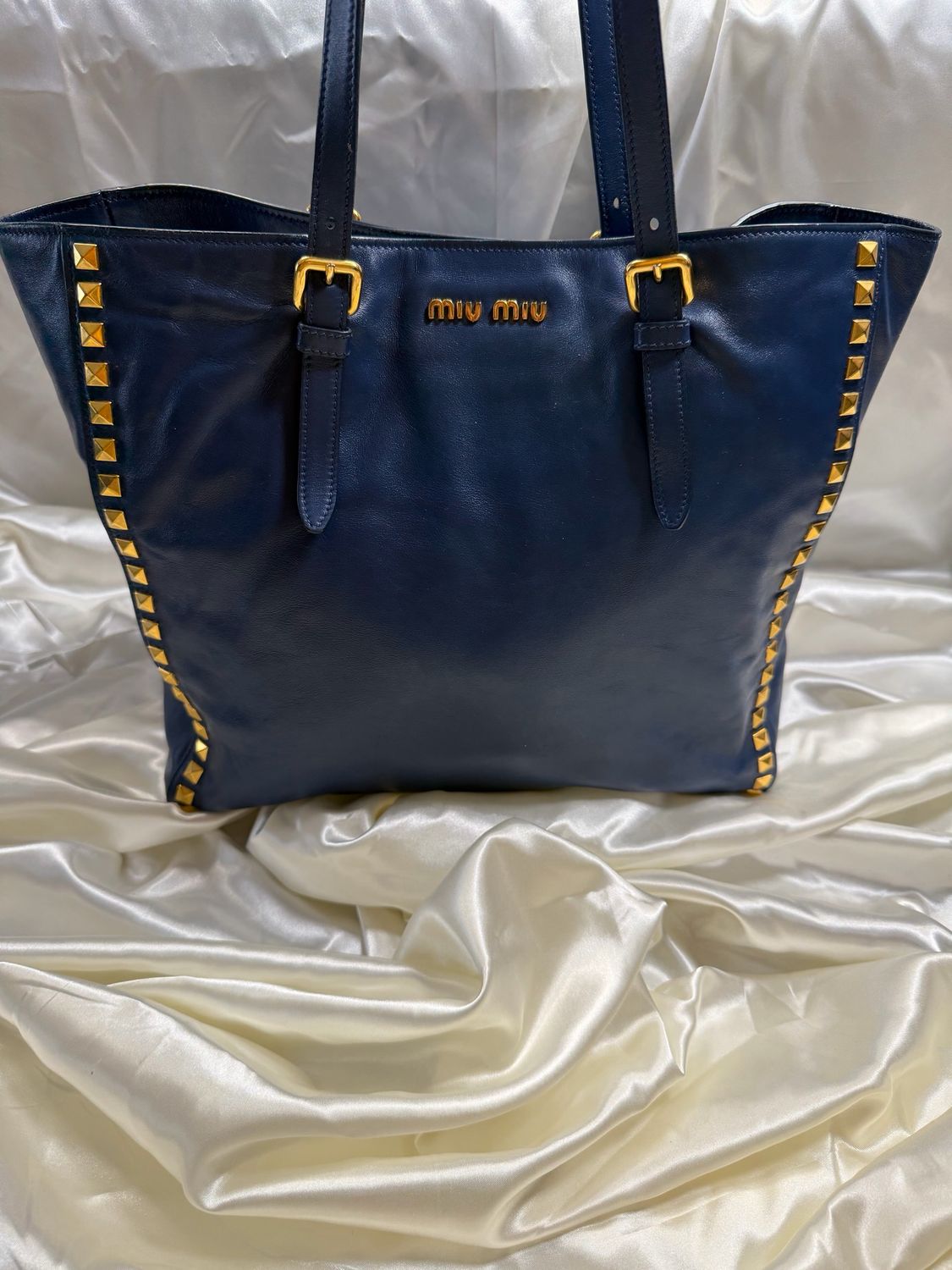 Miu Miu Soft Calf Studded Tote Convertible Sling in Navy Blue