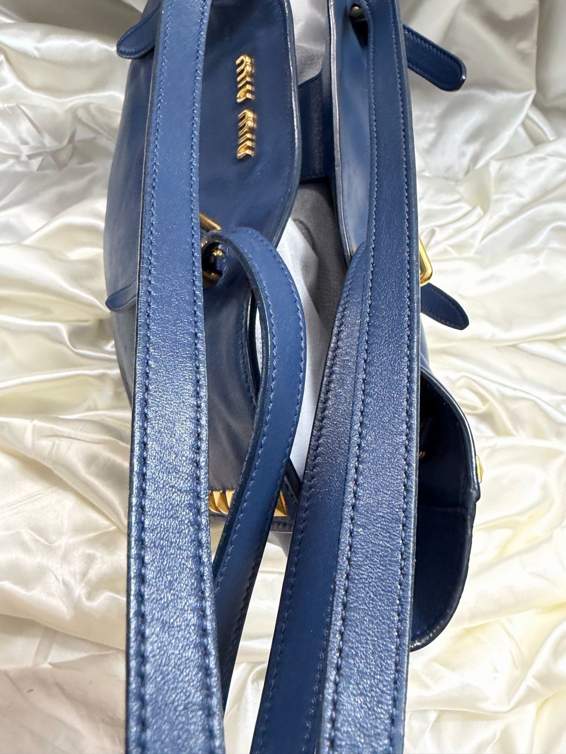 Miu Miu Soft Calf Studded Tote Convertible Sling in Navy Blue