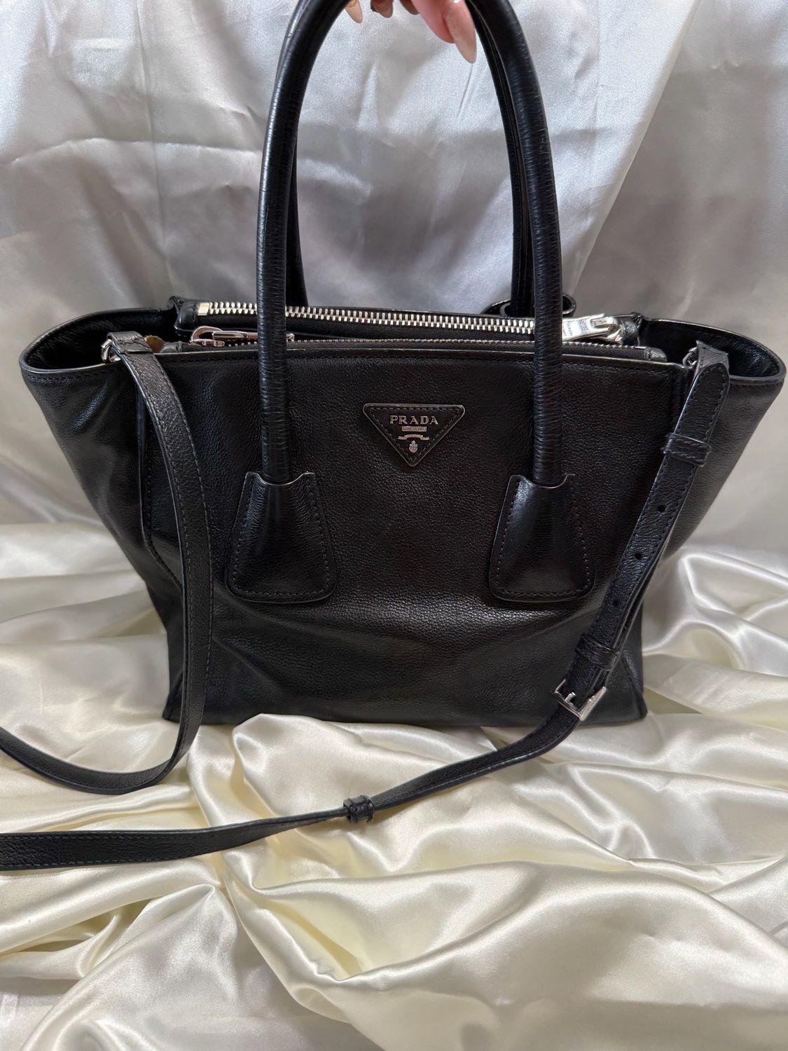 Prada Glace Calfskin Two Way Twin Tote Crossbody Sling