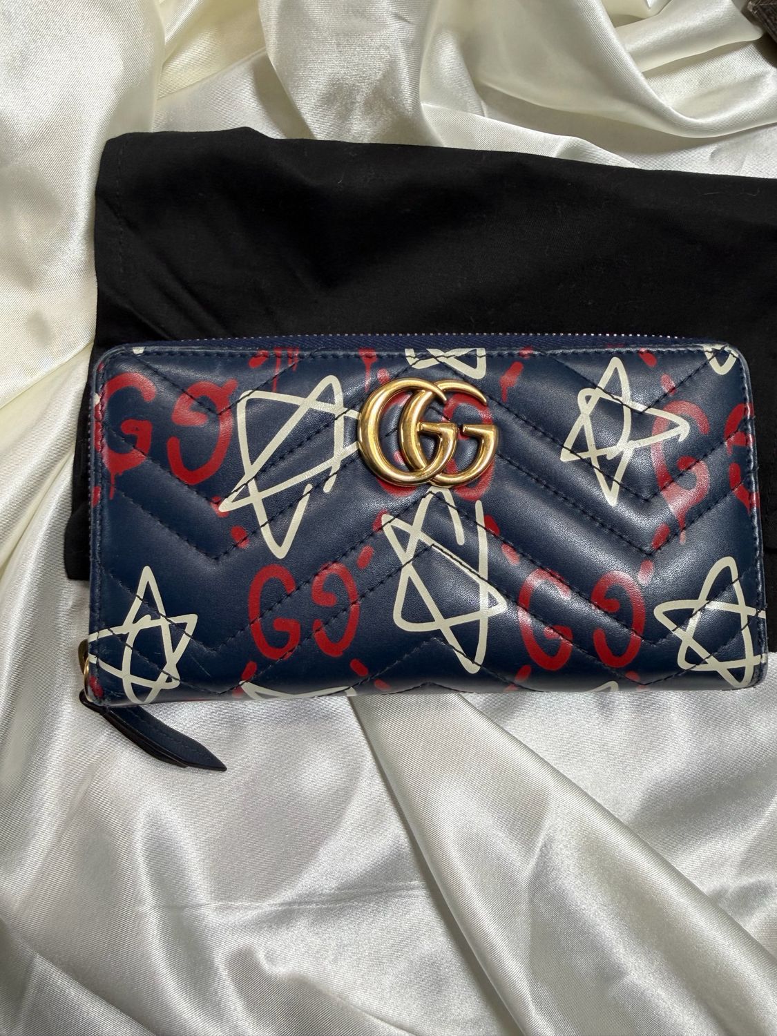 Gucci Marmont Quilted Zip Around Blue Agata Hibiscus Red