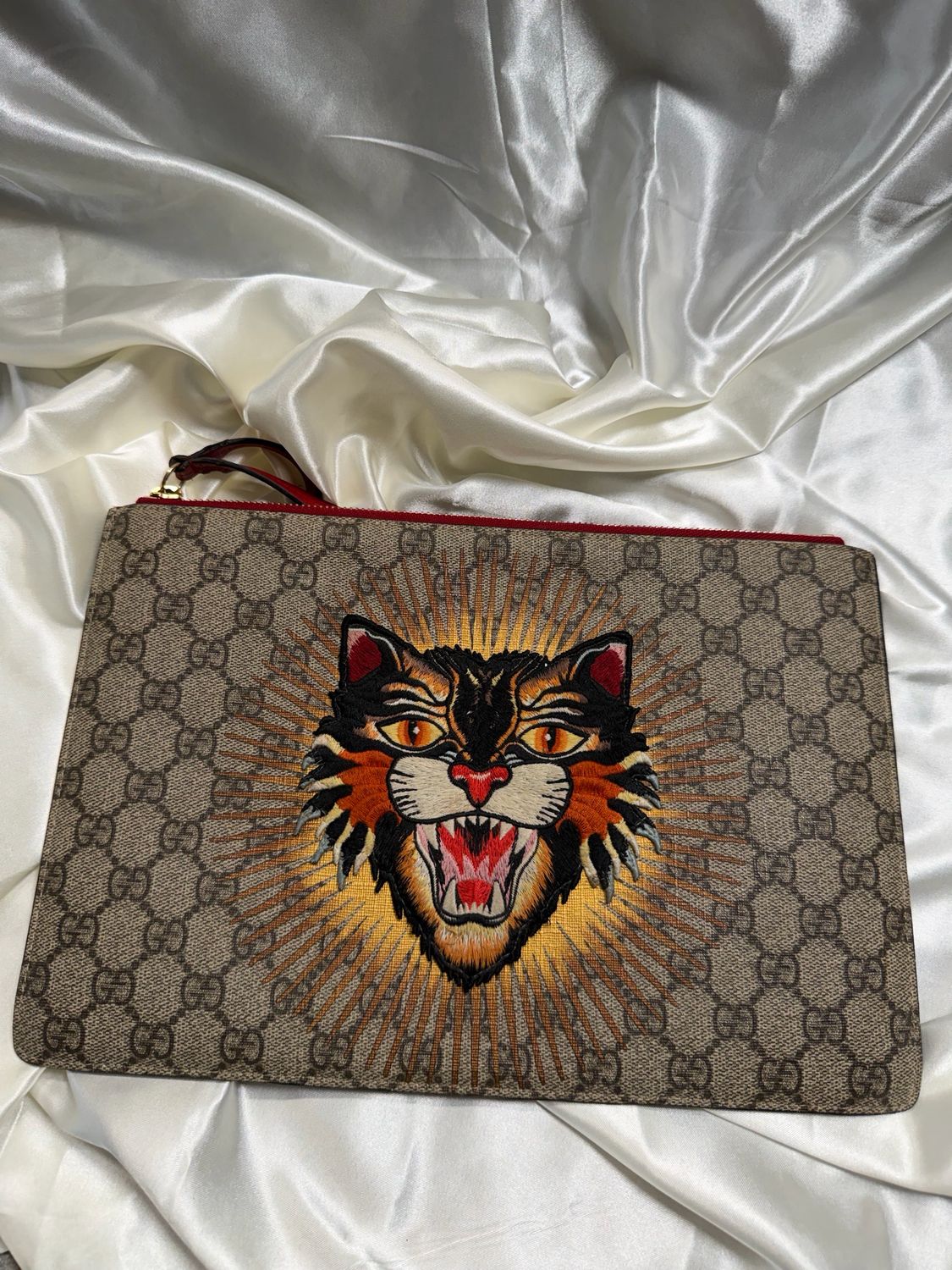 Gucci Monogram Supreme Angry Cat Zipper Clutch