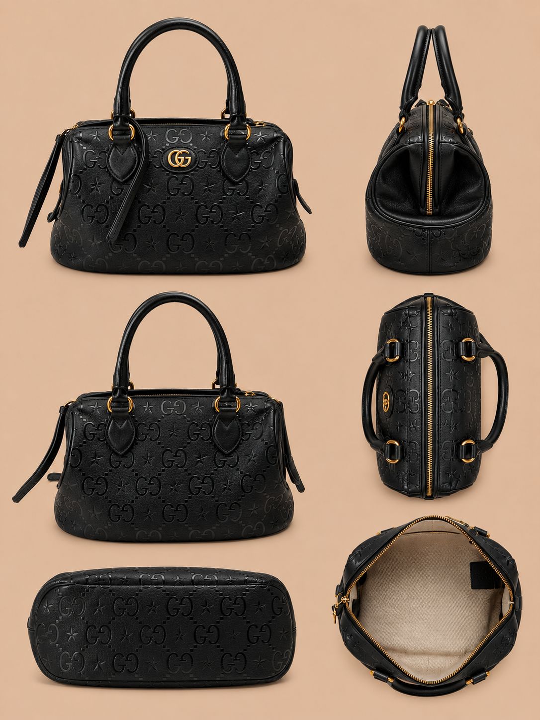 Gucci Black Embossed Star Satchel Calfskin