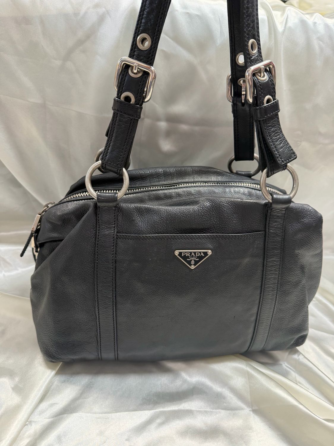 Prada Leather Boston Bowler Satchel Tote in Black