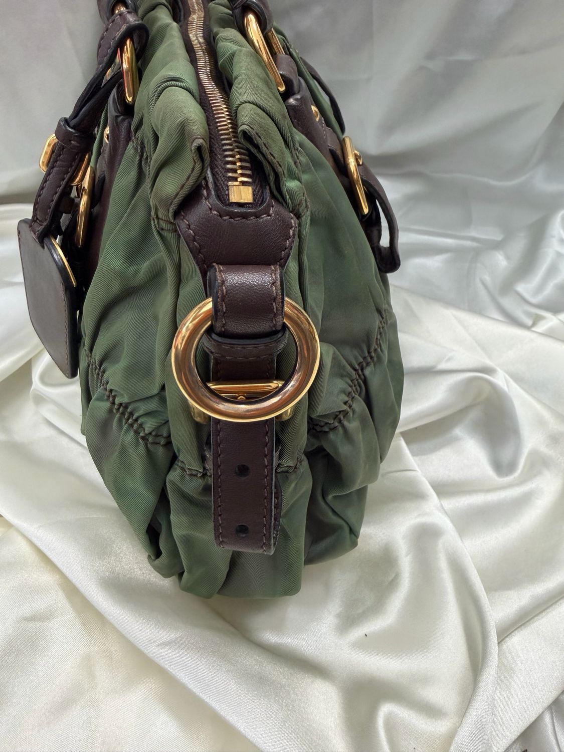 Prada Nylon Gaufre Tessuto Calfskin in Green/Brown