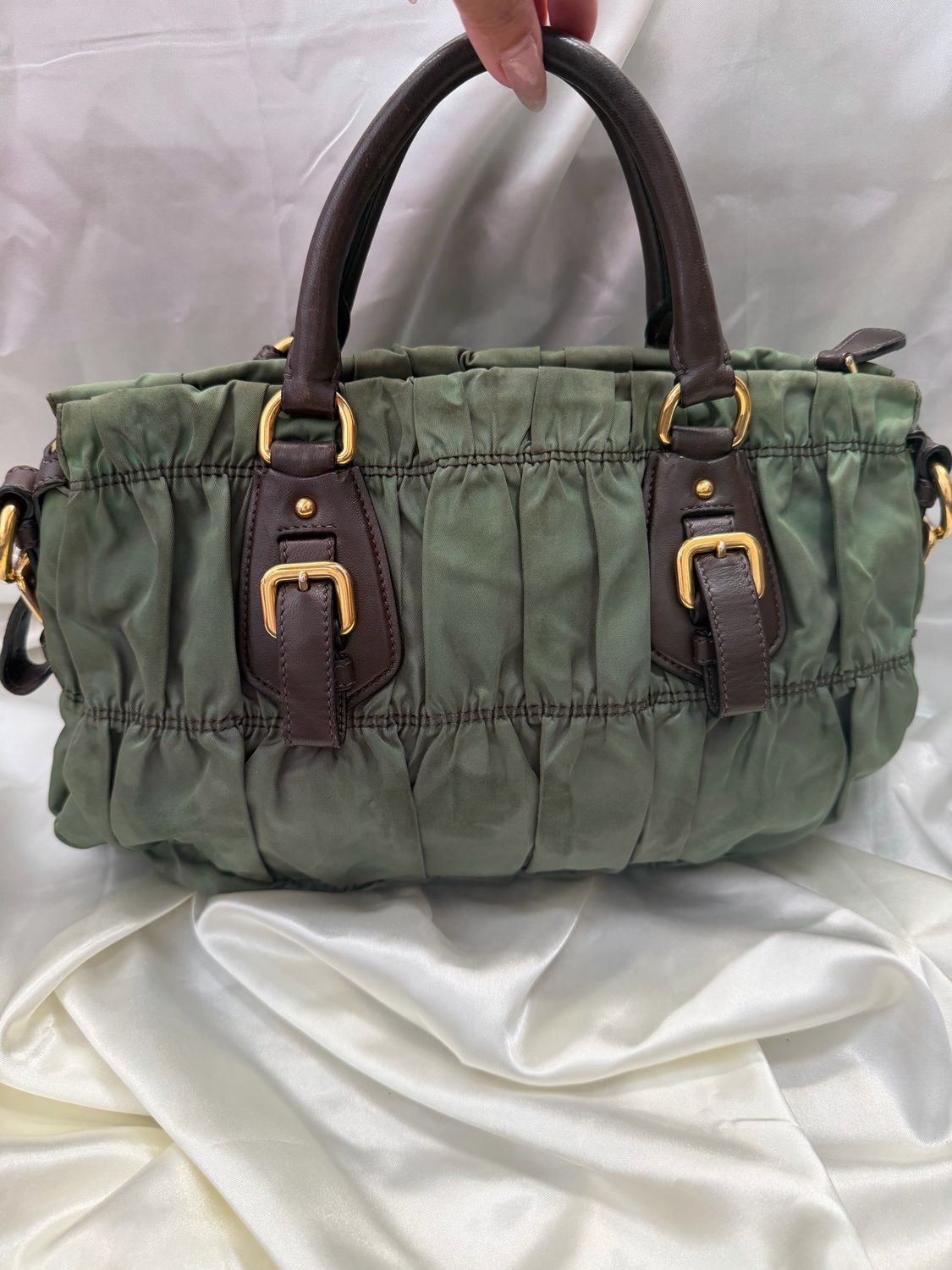 Prada Nylon Gaufre Tessuto Calfskin in Green/Brown