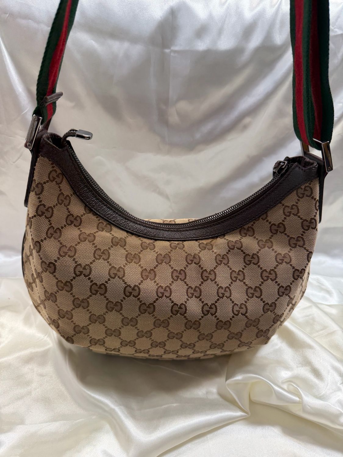 Gucci Monogram Canvas Sling Web Strap Halfmoon Sling