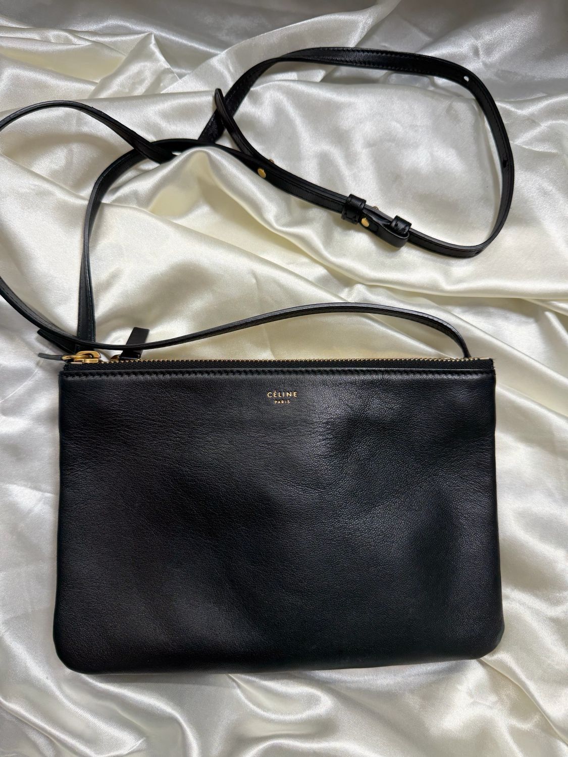 Celine Trio Leather Black Messenger Crossbody in Black