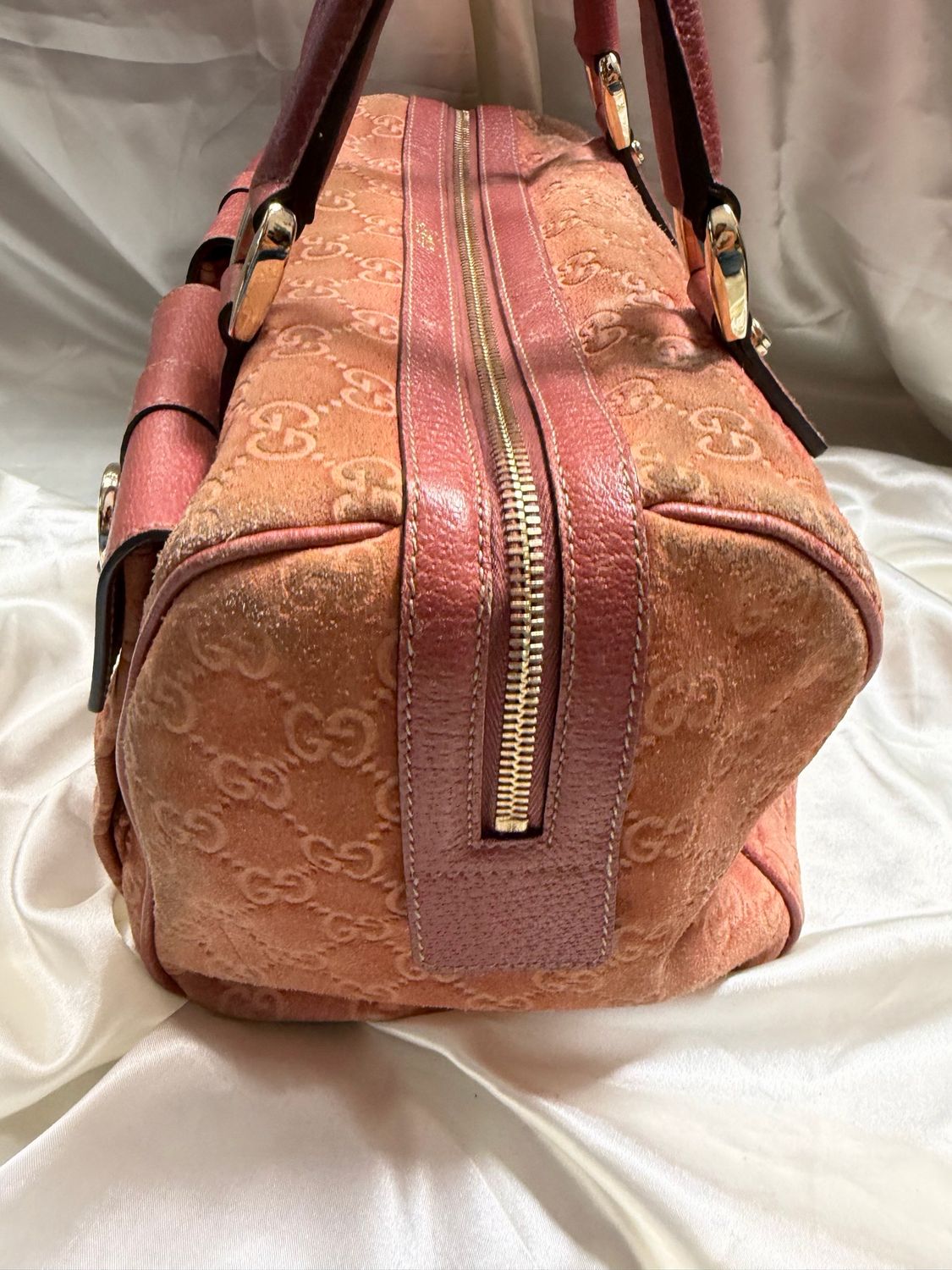 Gucci Monogram Double Pocket Abbey Boston Bowler Satchel in Suede