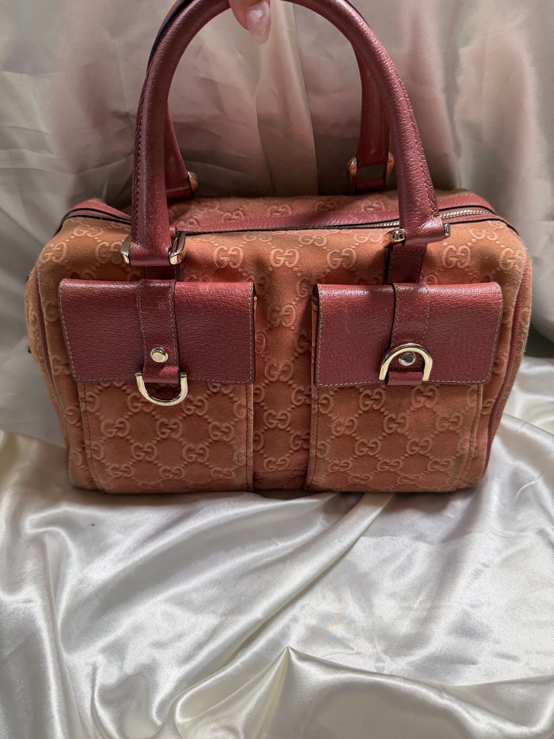 Gucci Monogram Double Pocket Abbey Boston Bowler Satchel in Suede