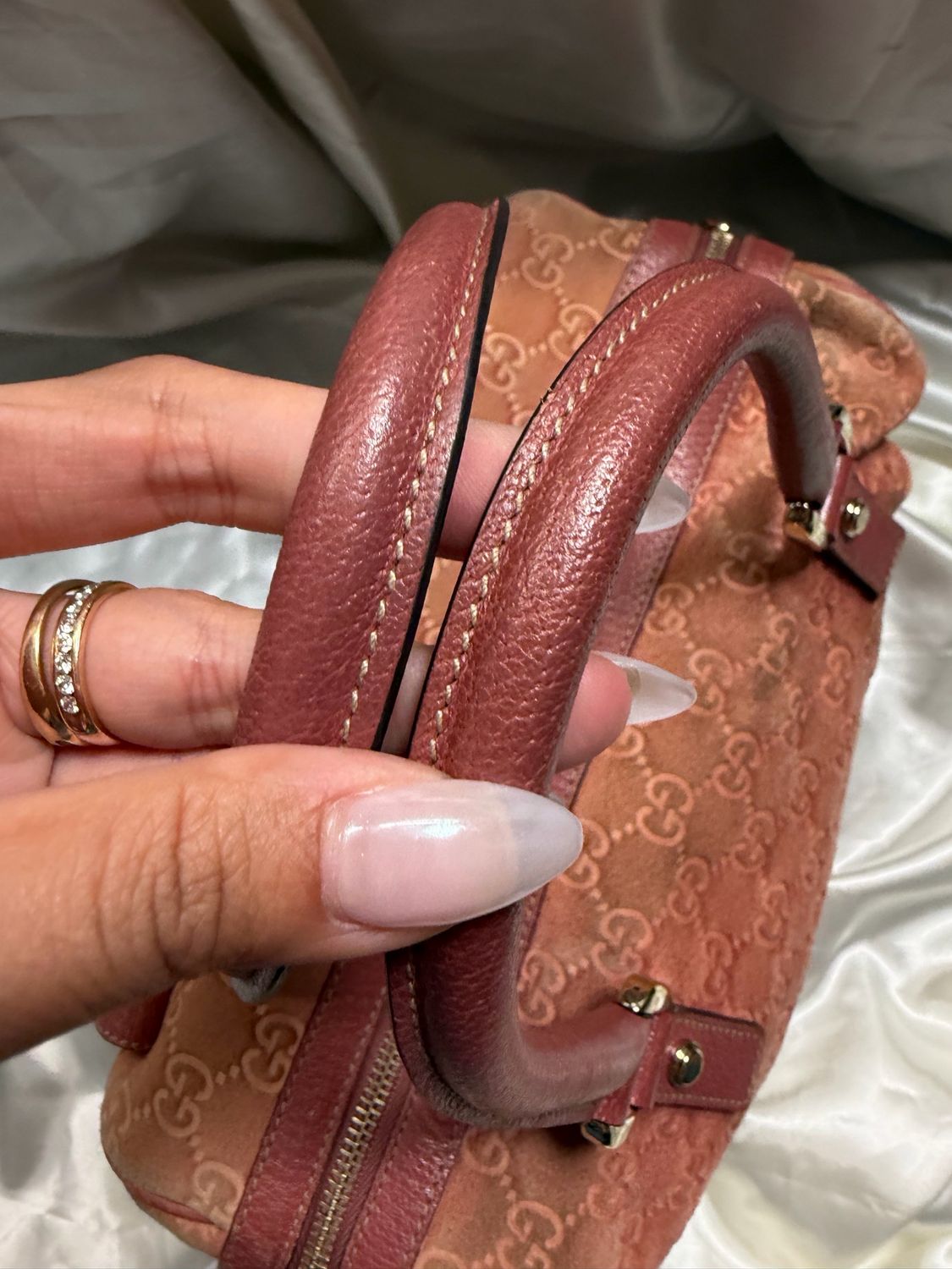 Gucci Monogram Double Pocket Abbey Boston Bowler Satchel in Suede