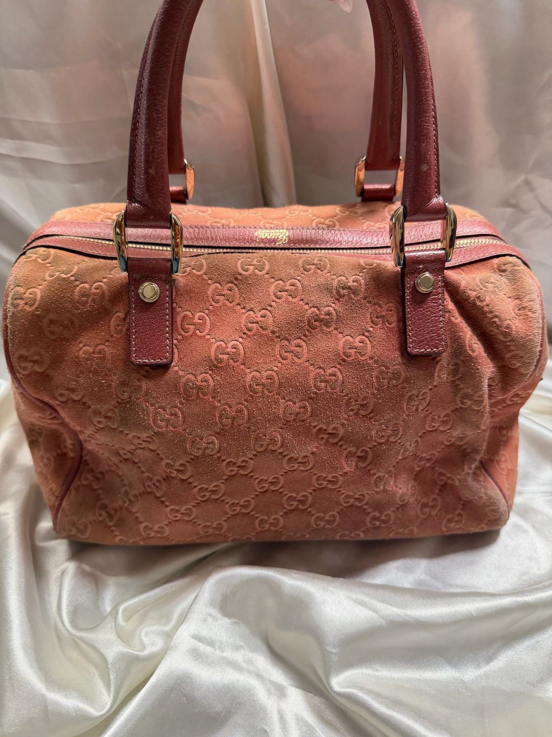Gucci Monogram Double Pocket Abbey Boston Bowler Satchel in Suede