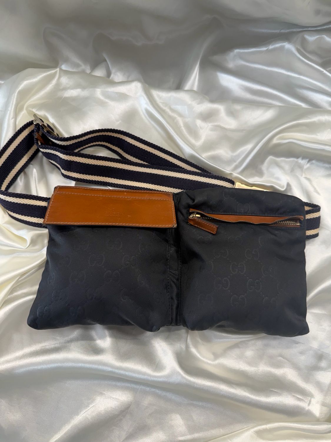 Gucci Monogram Canvas Belt Bag Bum Bag Web Strap In Navy Blue