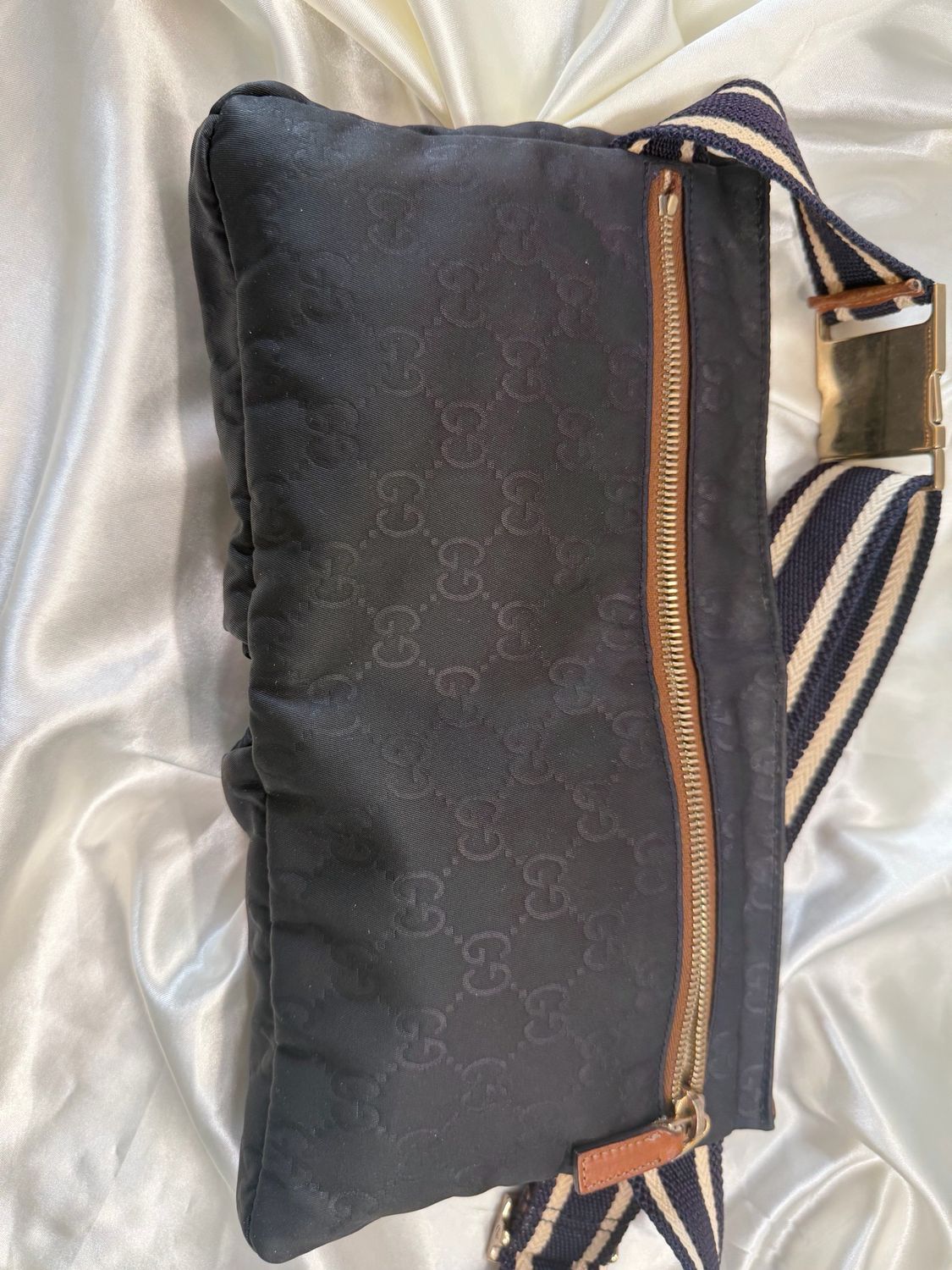 Gucci Monogram Canvas Belt Bag Bum Bag Web Strap In Navy Blue