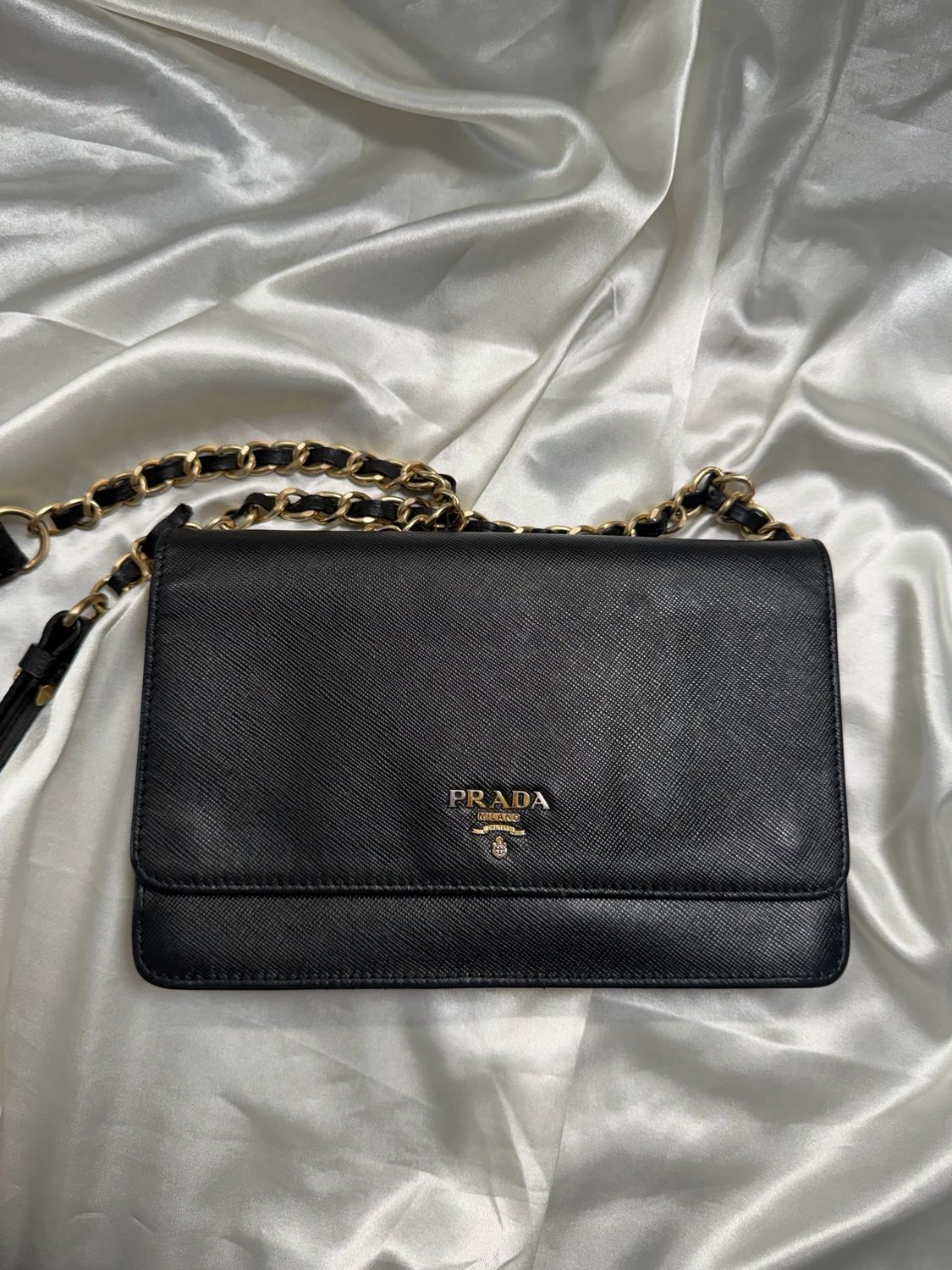 Prada Saffiano Flap Clutch Wallet on Chain in Black