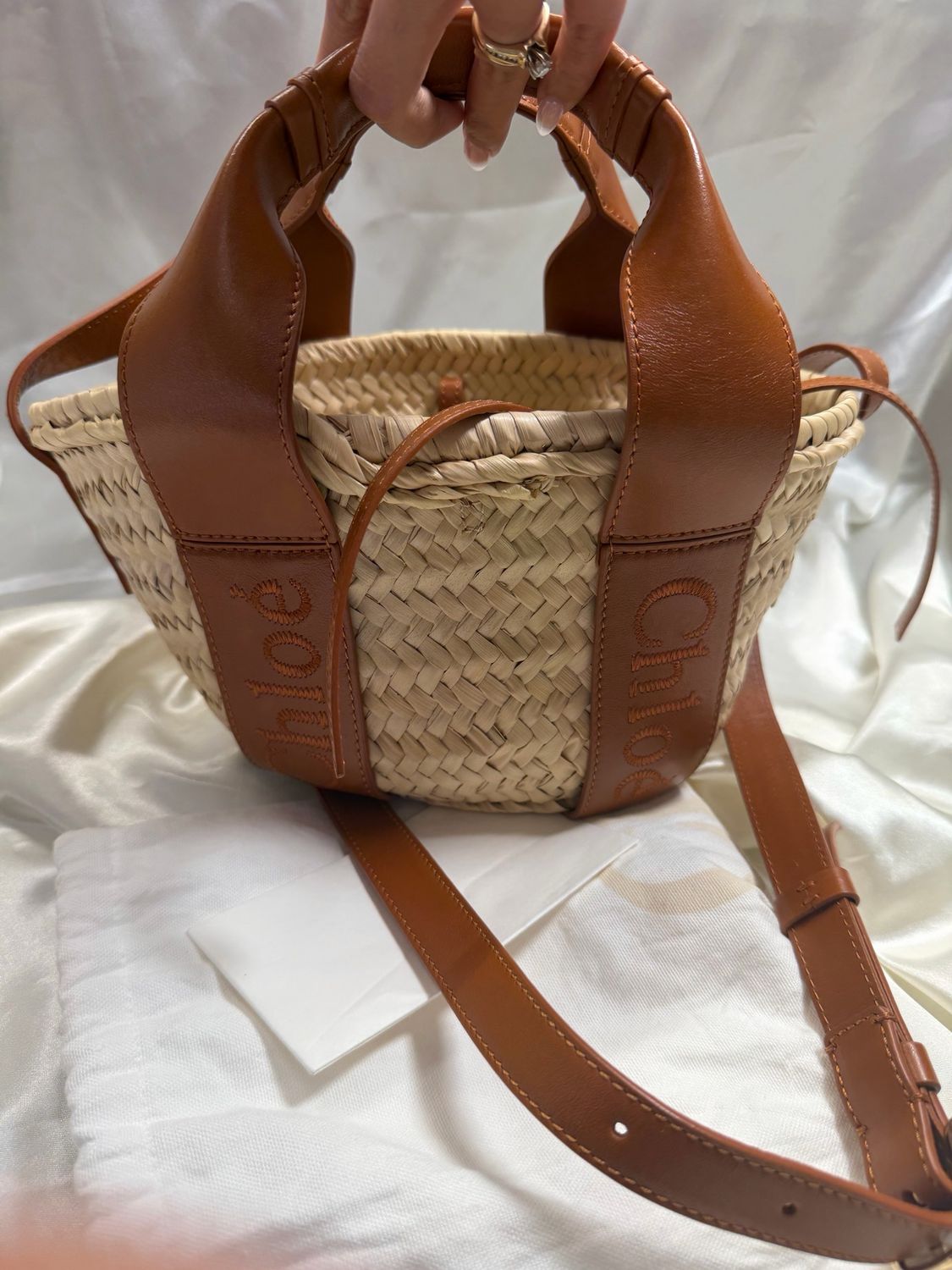 Chloe Raffia Sense Smooth Calfskin Small Basket Crossbody