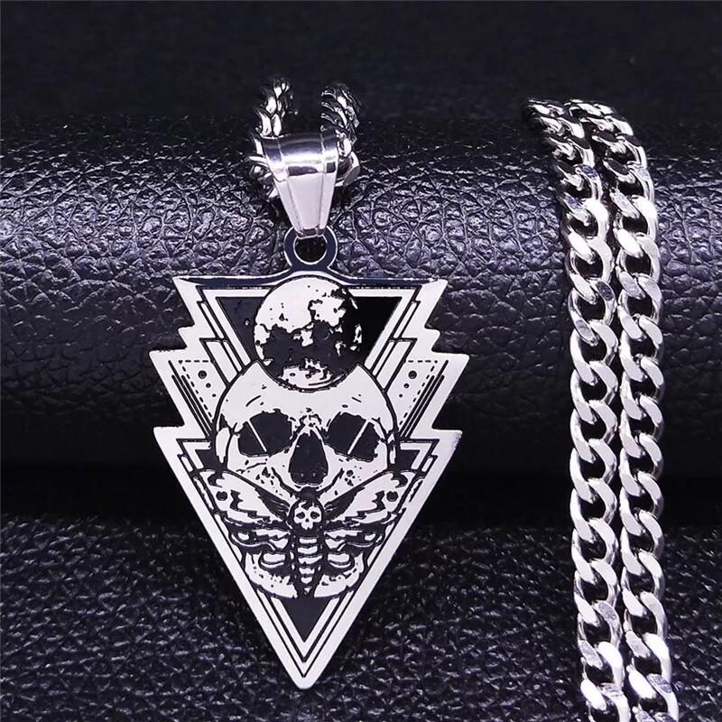 Geo Moon Moth Skull Stainless Necklace