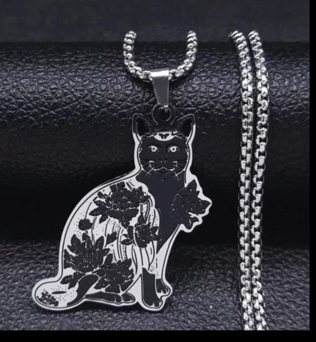 Floral Black Cat Stainless Necklace