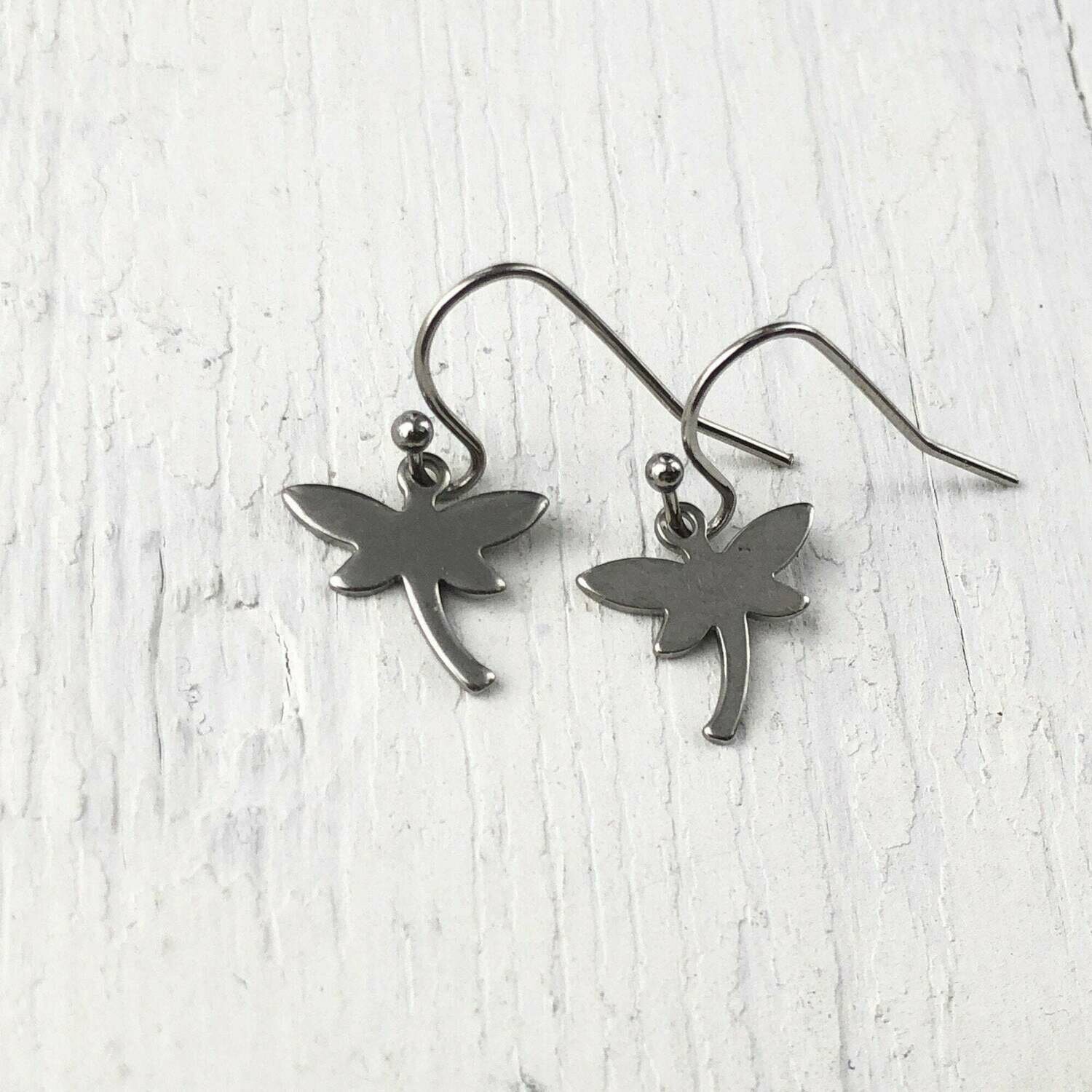 Tiny Dragonfly Earrings, Firefly Stainless Steel Earring, Mini Shiny Silver Dragonflies Dangle, Hypoallergenic