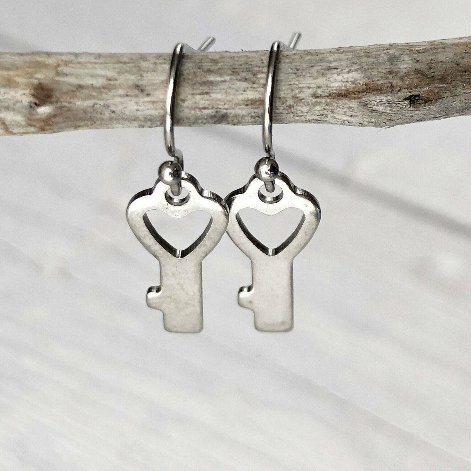 Tiny Key Earrings, Keys Stainless Steel Earring, Mini Shiny Silver Key Dangle, Hypoallergenic