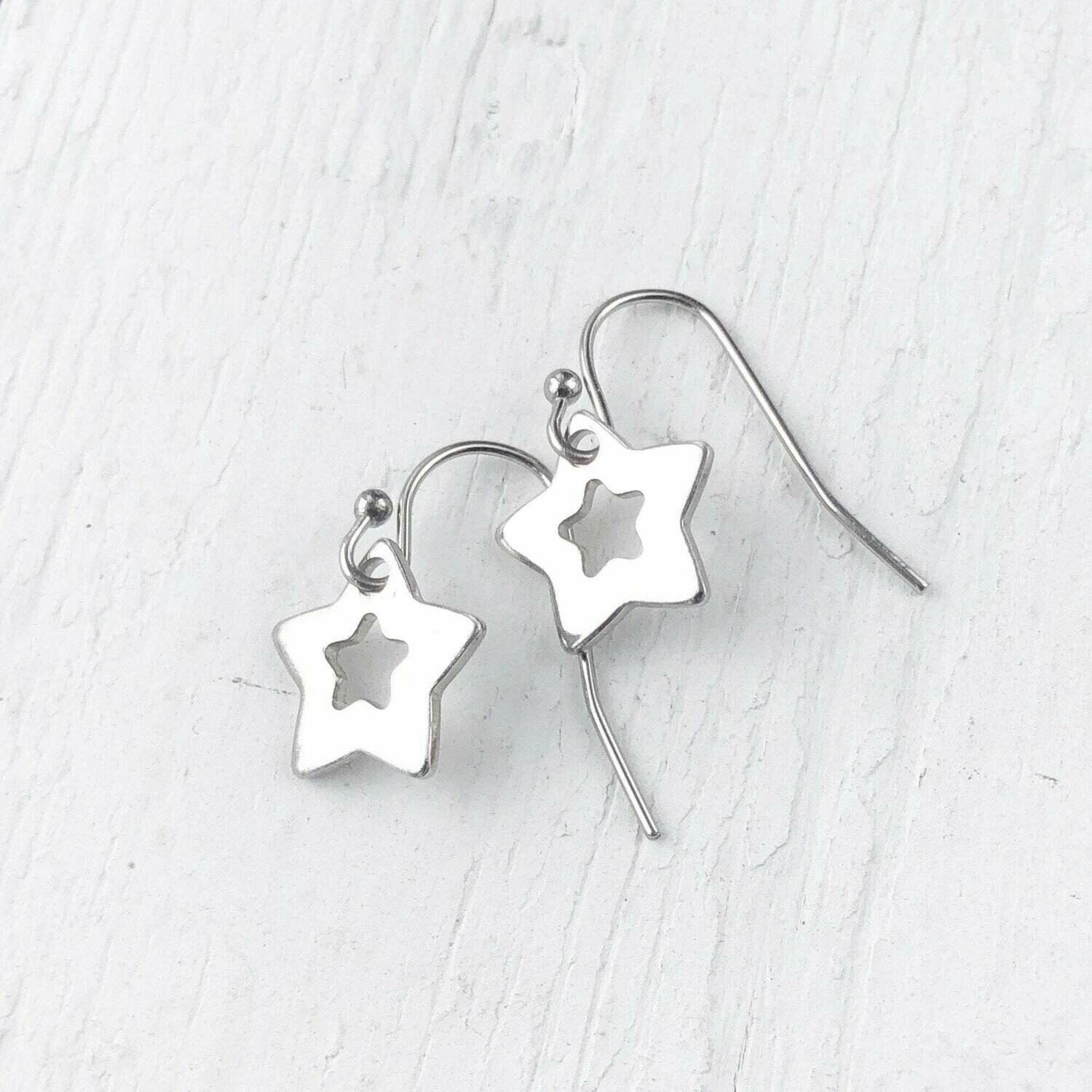 Mini Star Earrings, Celestial Charm Stainless Steel Earring, Tiny Shiny Silver Star Dangle, Hypoallergenic