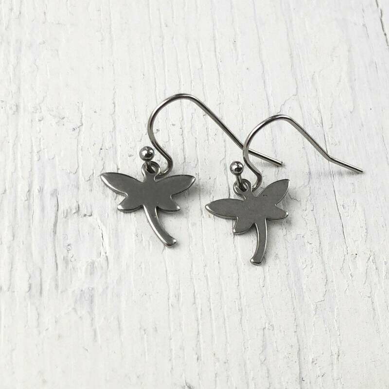 Tiny Dragonfly Earrings, Firefly Stainless Steel Earring, Mini Shiny Silver Dragonflies Dangle, Hypoallergenic
