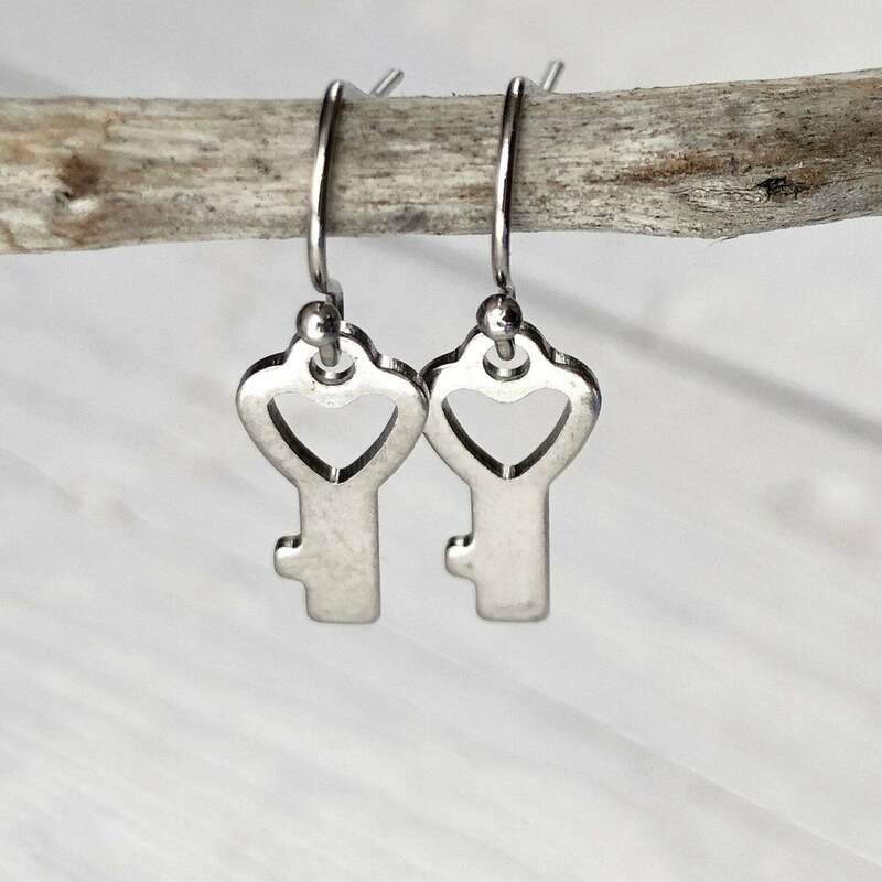 Tiny Key Earrings, Keys Stainless Steel Earring, Mini Shiny Silver Key Dangle, Hypoallergenic