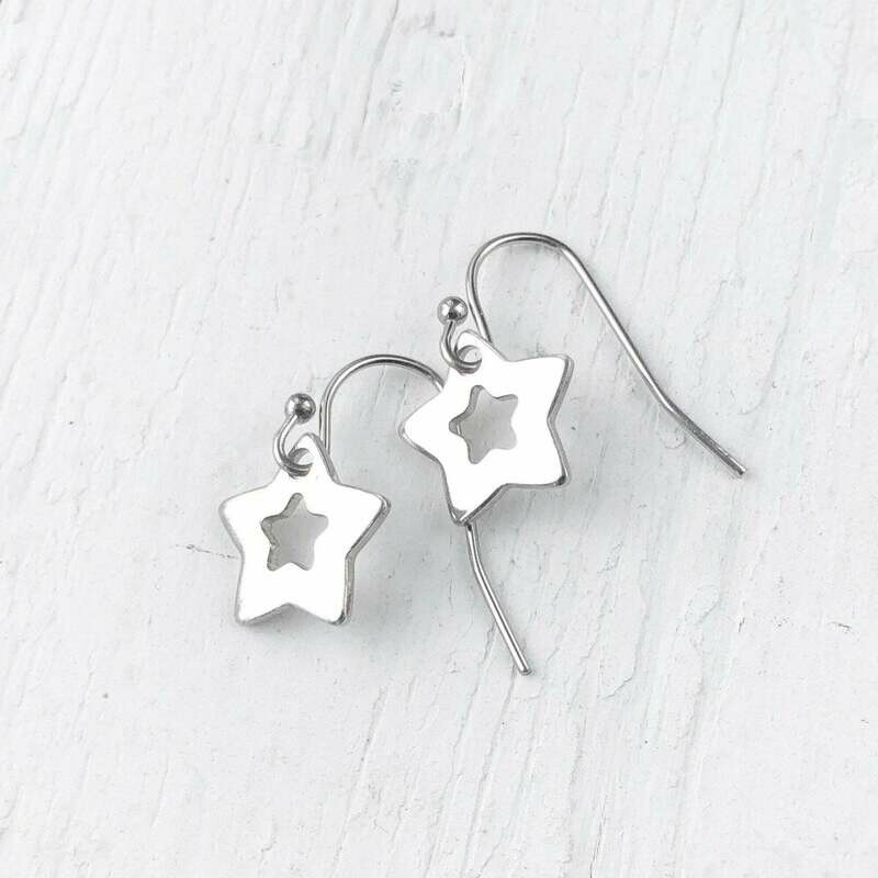 Mini Star Earrings, Celestial Charm Stainless Steel Earring, Tiny Shiny Silver Star Dangle, Hypoallergenic